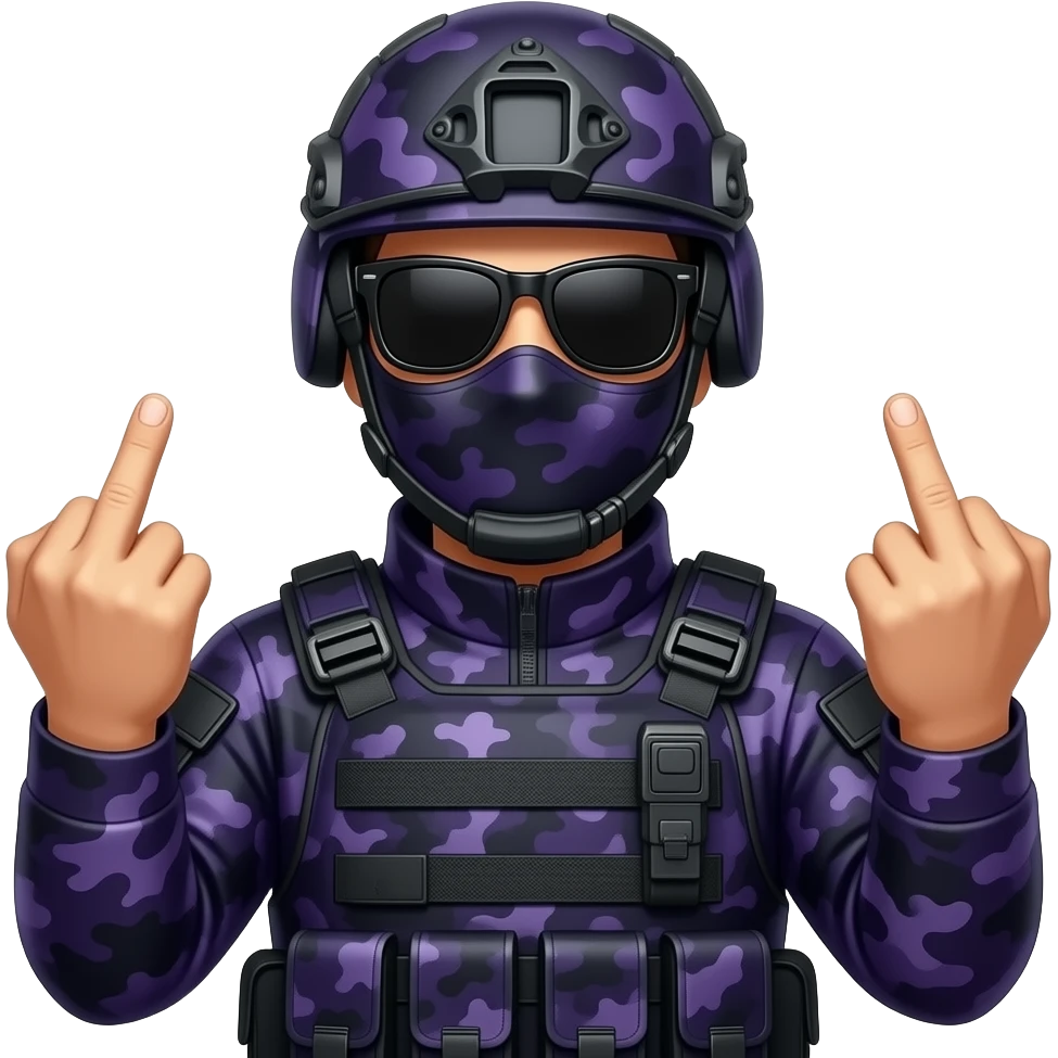 Man in large black sungoggles dark purple camoflage tactical gear helmet and mask giving the finger two times emoji