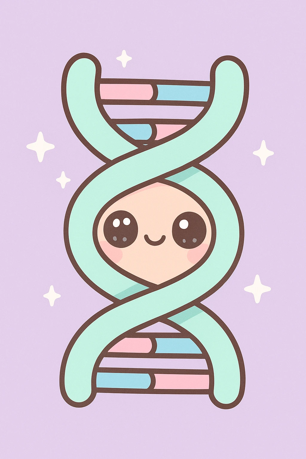 Kannst du mir bitte ein Bild erstellen im Kawaii-Stil? Also ganz übertrieben kitschig, also pastellige Farben mit den Thema Genetik. emoji