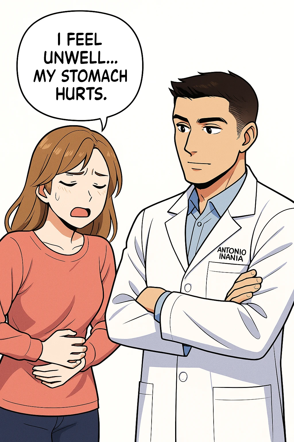 su questo stile fai un manga/webtoon a colori in cui una donna si lamenta che sta male e ha mal di pancia, l'uomo della foto in stile manga gli risponde, ISOLATO SU SFONDO BIANCO emoji