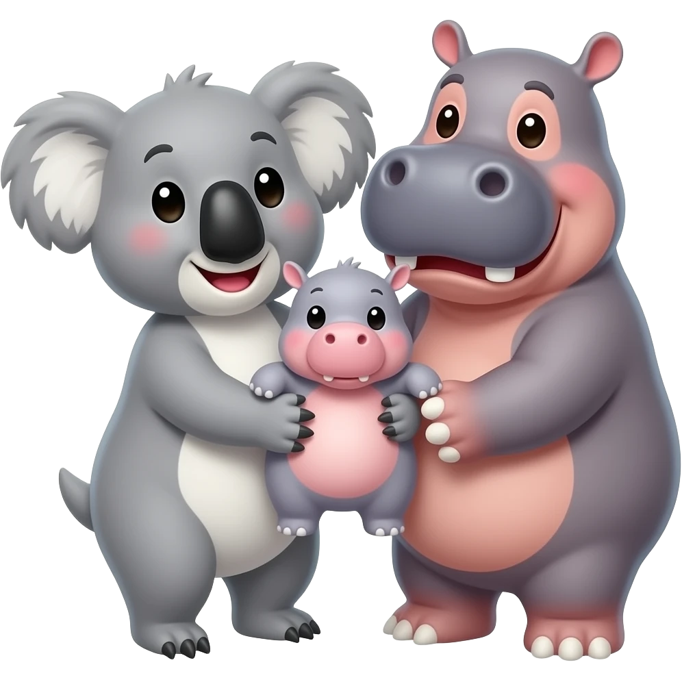 Koala and hippo holding cute baby hippo Together in both of their arms happy emoji