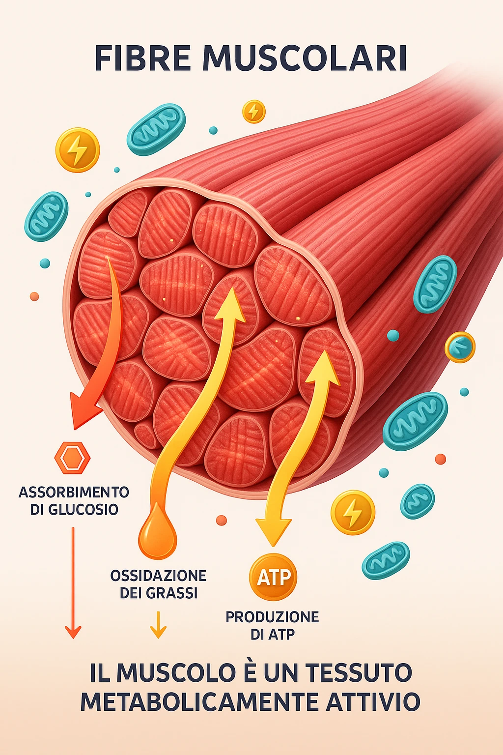 a highly detailed cross-section of human skeletal muscle fibers, shown in vibrant red and pink tones, with visible striations and realistic texture. Glowing arrows and animated icons represent active metabolic processes—such as glucose uptake, fat oxidation, and ATP production—occurring within the muscle tissue. Surrounding the muscle, floating symbols for mitochondria and energy highlight its metabolic activity. The background is clean and clinical, with subtle labels and infographics explaining that muscle is a metabolically active tissue. The overall style is modern, scientific, and visually engaging, suitable for educational or medical use. in italiano emoji