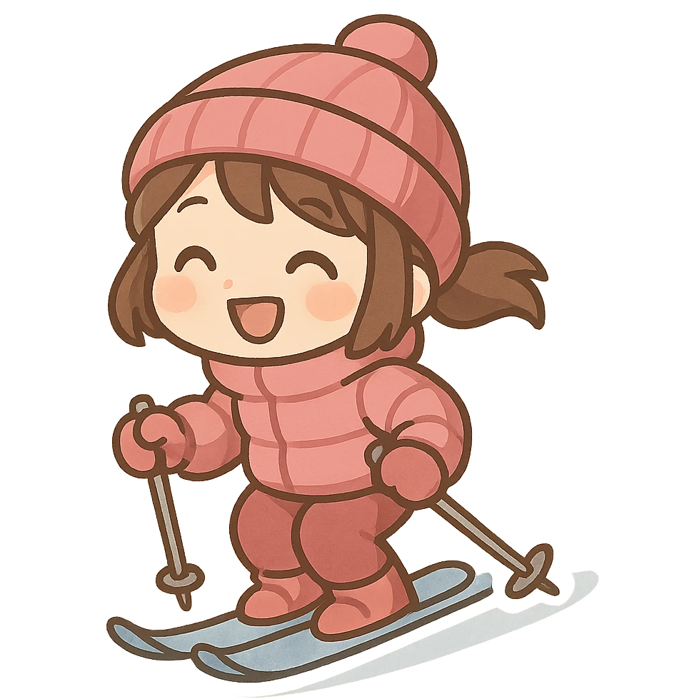 一个正在滑雪的小女孩，穿着粉色的羽绒服，戴着一顶可爱的小帽子，开心的滑雪 emoji