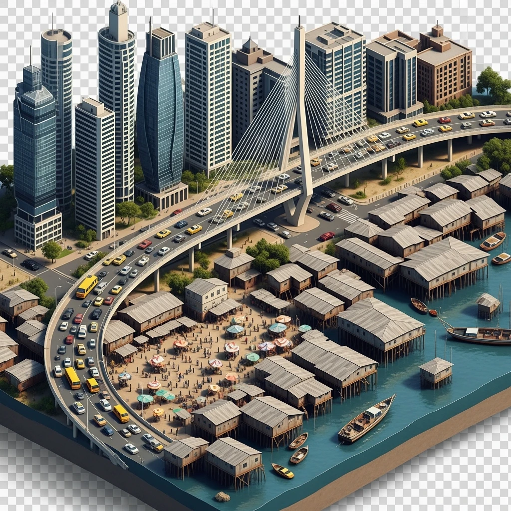 Isometric miniature of Lagos Lekki-Ikoyi Bridge, Eko Atlantic skyscrapers, Makoko slums, tin-roof shacks, chaotic markets, gridlocked traffic, 3D miniature effect and Tilt Shift effect, no cartoonish look, transparent background, don't cut angles emoji