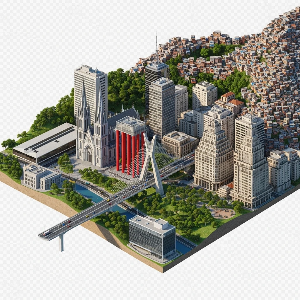 Isometric miniature of São Paulo Catedral da Sé, MASP on red pillars, Octávio Frias Bridge, and Altino Arantes building, favelas on hillsides, dense chaotic urban blocks, and green parks 3D miniature effect and Tilt Shift effect, no cartoonish look, transparent background. emoji