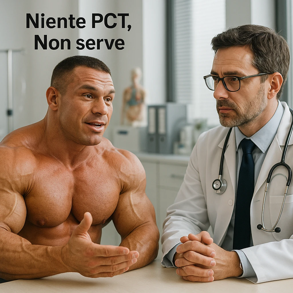 bodybuilder che dice ad una dottore "Niente PCT, Non serve", iper realistica emoji