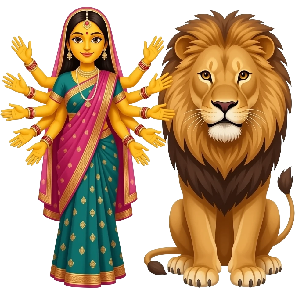 A bengali yellow skinned bride with exactly ten empty hands standing beside a lion with ALL hands in front emoji
