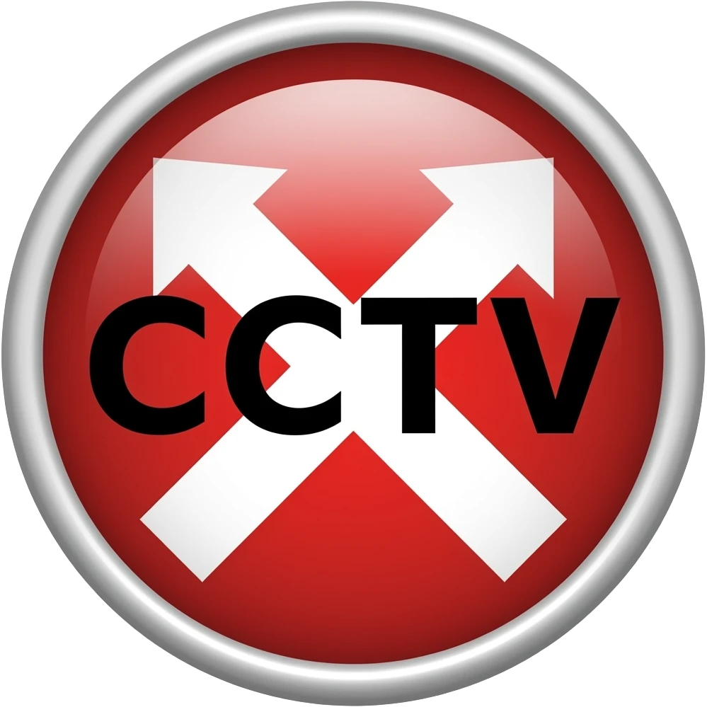 Red filled circle with white X and arrow on all end points on the X white circle in the middle. Big bold CCTV word in the centre in black emoji