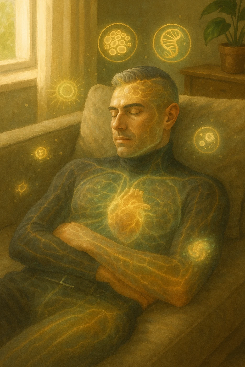 Uomo sdraiato su un divano nel primo pomeriggio, mentre fa un breve riposino. Il suo corpo appare parzialmente trasparente o stilizzato, con luce calda e flussi energetici dorati e verdi che scorrono attraverso muscoli, cervello, e organi. Intorno a lui si vedono piccoli simboli di rigenerazione: cellule che si rinnovano, tessuti che si illuminano, aura rilassata. L'ambiente è calmo e ordinato, luce naturale che entra da una finestra, atmosfera rigenerante, stile realistico con accenti metaforici. emoji