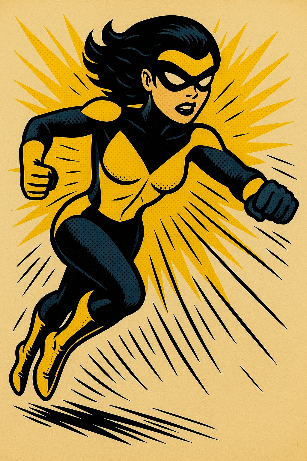 Edit the superheroine to face forward while keeping her yellow and black costume. Maintain the dynamic, bold comic book style with strong lines and vibrant colors, preserving the original energy and action pose feel. emoji