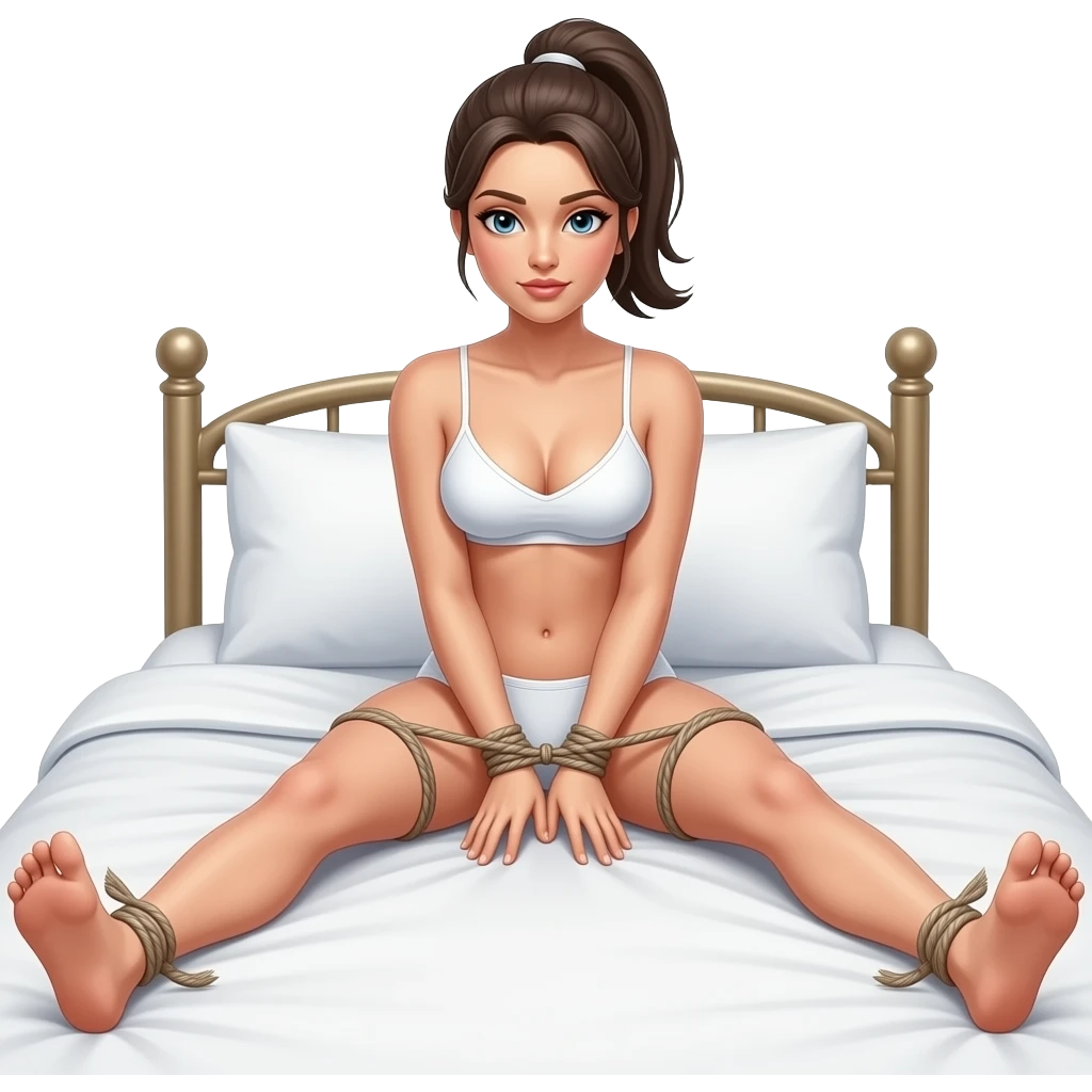 woman in white underwear with ponytail on bed with legs apart and ankles tied to thighs shibari emoji