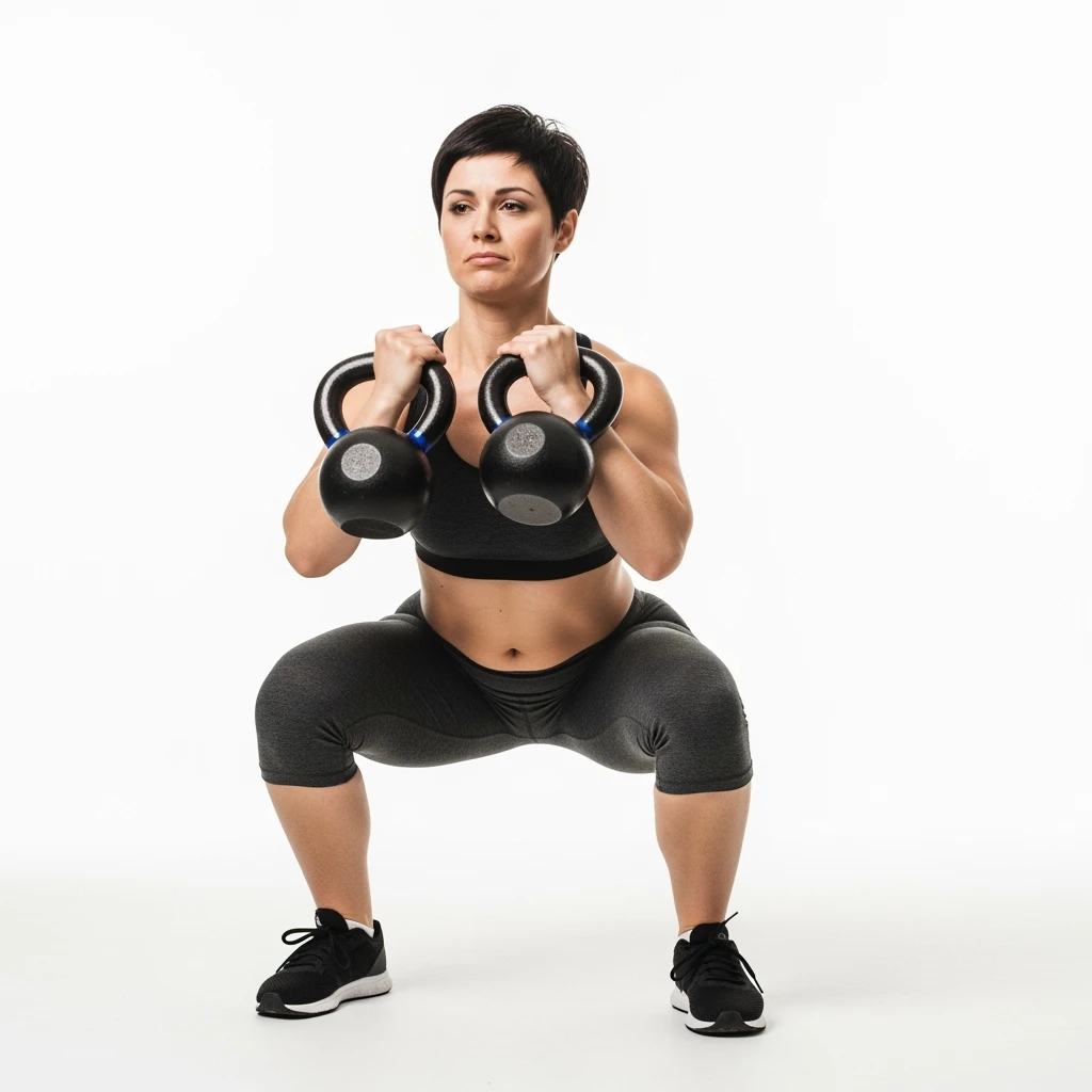 DONNA FITNESS CON CELLULITE CHE FA SQUAT CON KETTLEBELL ED ESPRESSIONE TRISTE, ISOLATA SU SFONDO BIANCO emoji