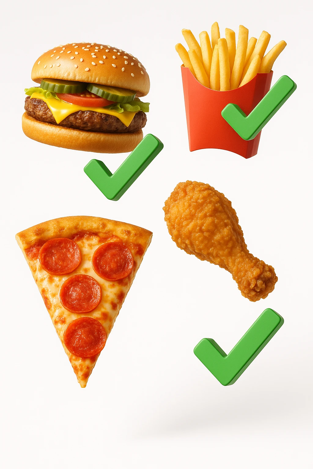 fast food realistico fluttua in aria insieme a spunte di verificato in 3d, sfondo bianco emoji
