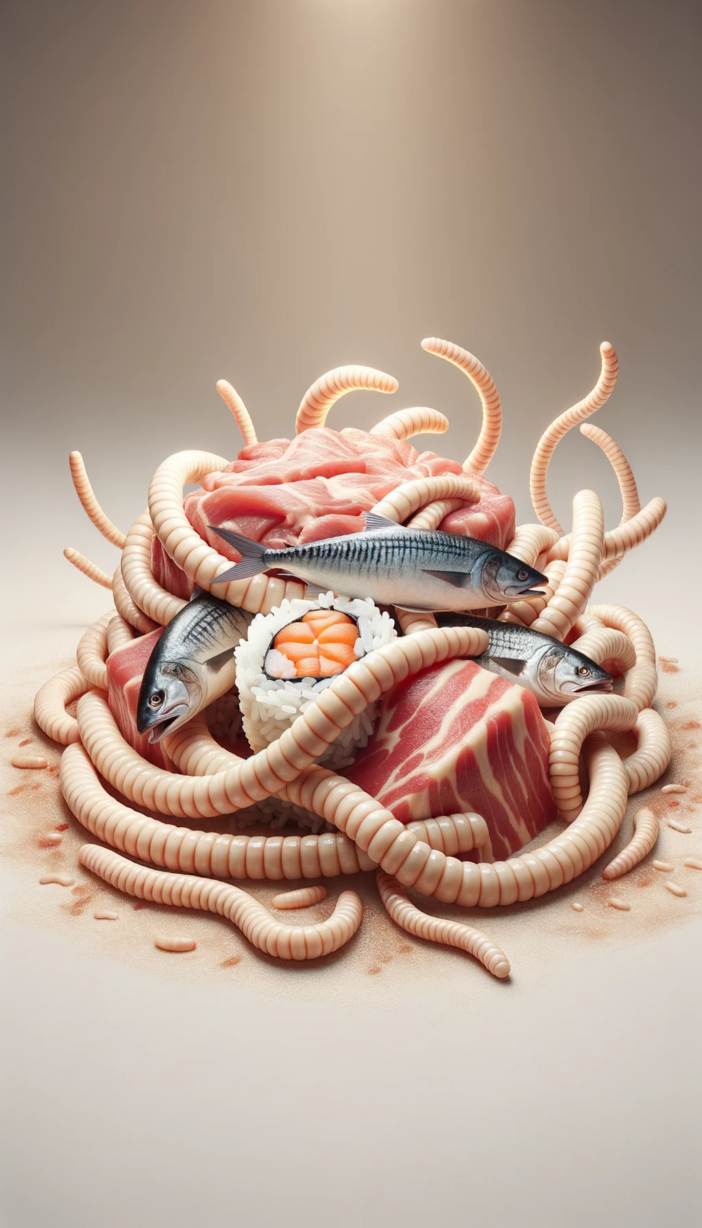 carne cruda fluttua insieme a pesce crudo (tipo sushi), intorno a loro fluttuano vermi lunghi e beige chiaro, sfondo neutro chiaro, iperrealistico 4k emoji