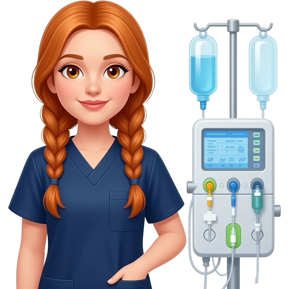 sexy girl with long ginger braids and ginger eyes wearing a dark blue scrubs stands next to a dialysis machine emoji