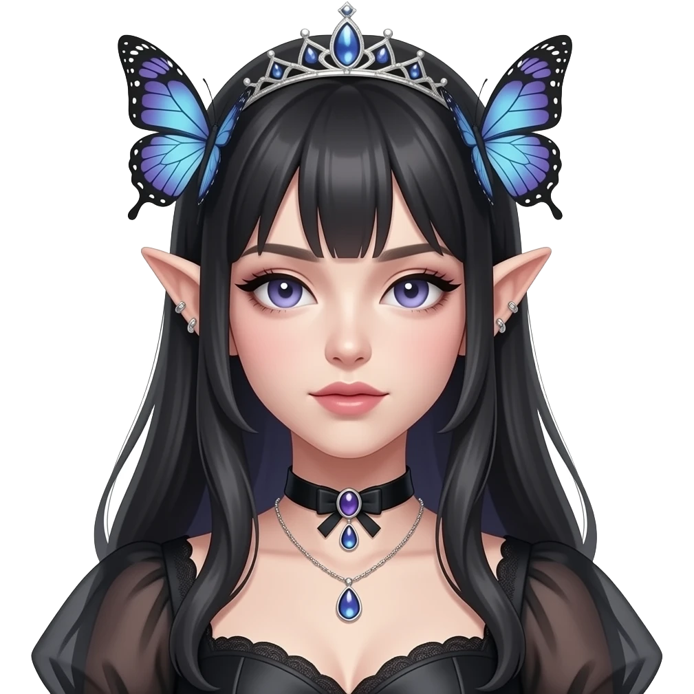 Cottagecore shiny gorgeous realistic sweet beautiful romantic aesthetic vogue tomboy gothic super model anime lady with elvish butterfly-ears, dress, necklace, tiara, ear cuffs emoji