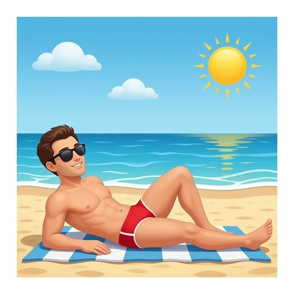 Erstelle ein Bild von einem Strand, mit im Bild ist ein Mann zusehen der sich im liegen sonnt, er trägt rote enge speedo und Oberkörper frei und trägt eine Sonnenbrille emoji