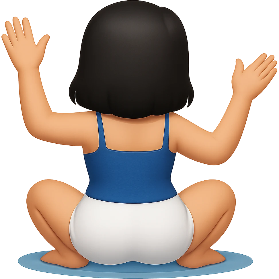 Edit the image to change the hair color to black. Keep the image safe for work (SFW), show the back view, sitting on soles, waving. Remove the background so it is transparent. emoji