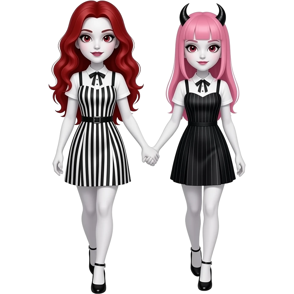 Vampiro femmina ADOLESCENTE con pelle bianca e capelli rosso ondulati lunghi che indossa un tubino a strisce NERE e BIANCHE orizzontali e il colletto con le maniche cortee bianche e dei tacchi neri che cammina a braccetto insieme alla sua amica VAMPIRO femmina che ha i capelli rosa e frangia emoji