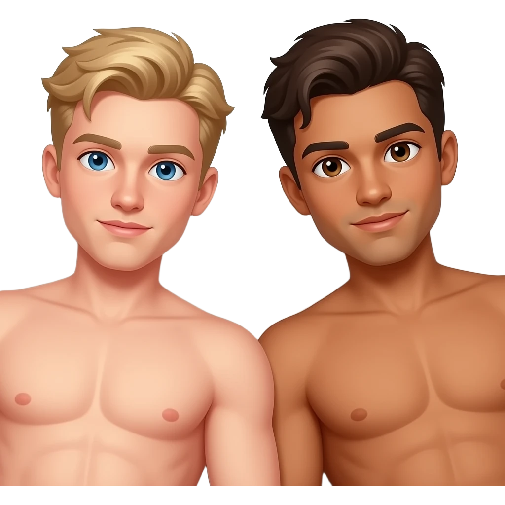 Make a young gay couple on a Date , one has light Skin with Blond Hair and Blue Eyes, the other one has slightly brown skin witz dark Brown Hair and Brown Eyes. They are laying shirtless on a couch. emoji