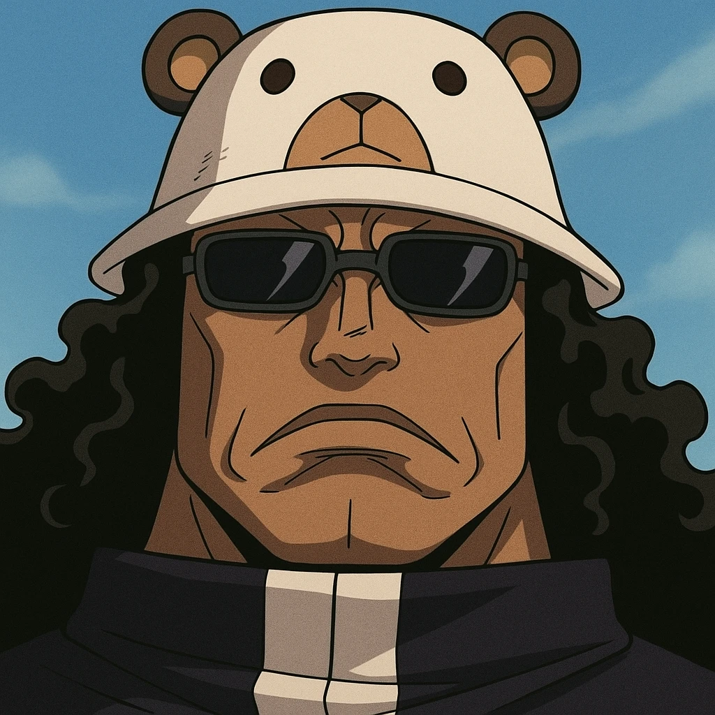Bartholomew Kuma from One Piece, close-up of face, bear hat, sunglasses, anime style emoji