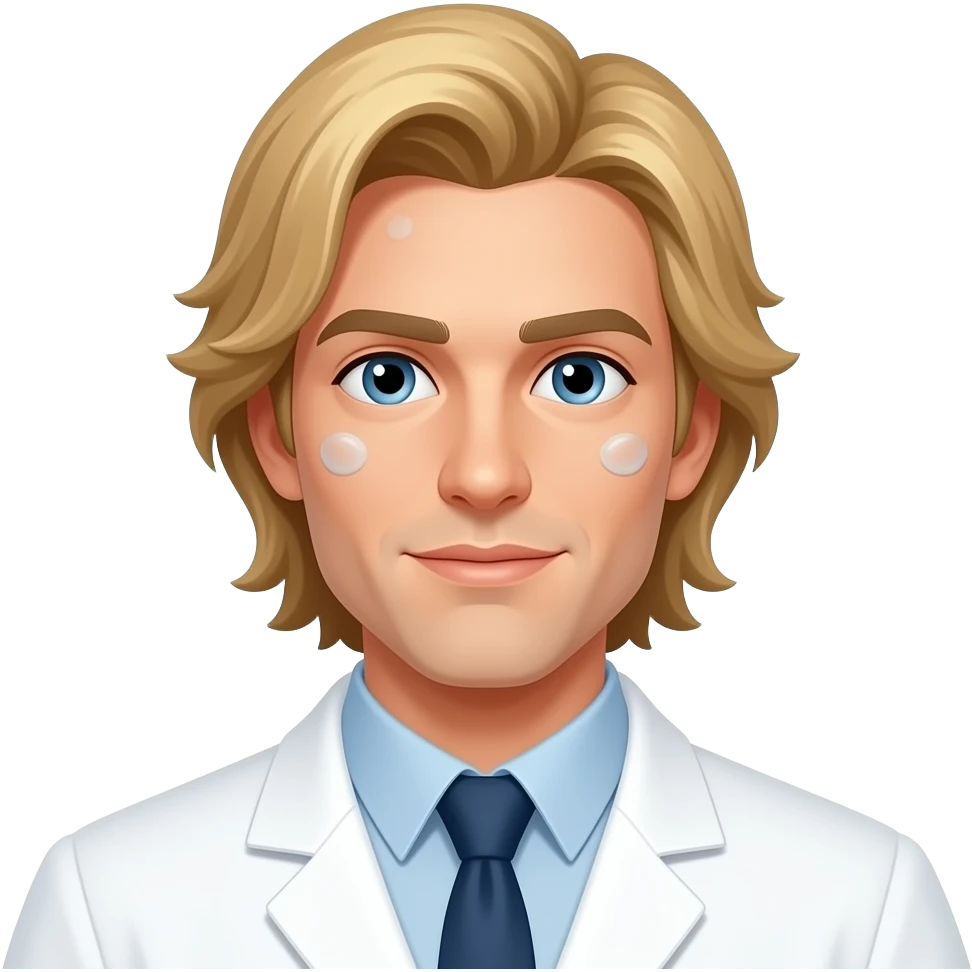 clean shaven blonde male scientist with hair to his waist and substance on his face emoji