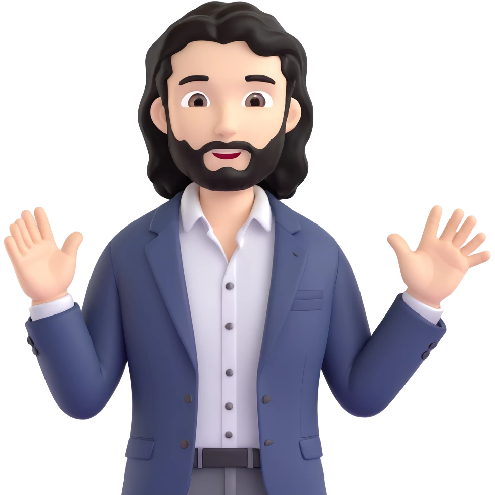 Business strategist man with black wavy hair, stubble, chiseled face, wearing blazer and button-up shirt, standing in front of whiteboard teaching, confident engaging expression emoji