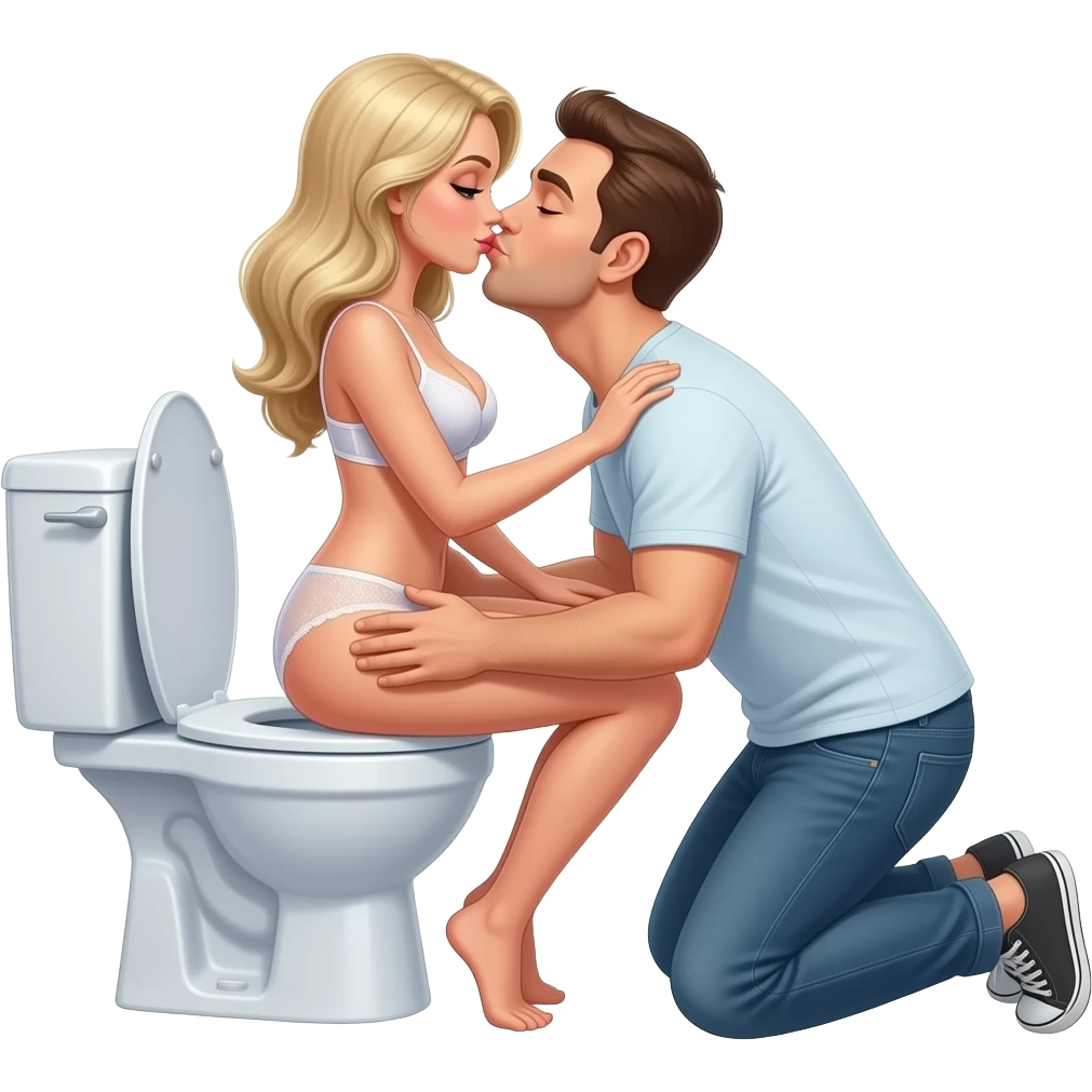 White blonde woman sits reverse on toilet wearing bra and no panties. Man kneeling behind her kisses her butt emoji