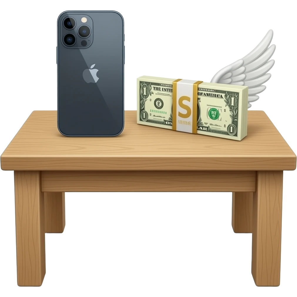 An iPhone sits on the table, next to a banknote with wings emoji