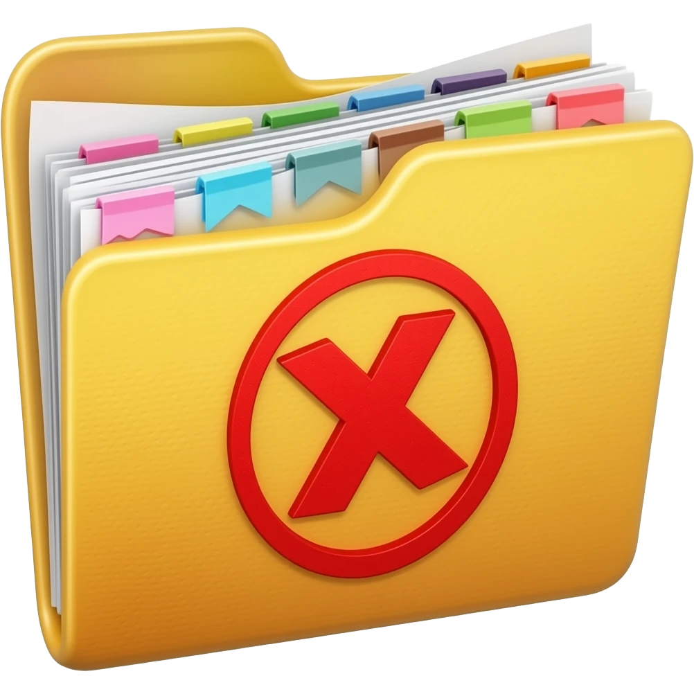 yellow textured folder with "X" written on it, papers and bookmarks visible emoji