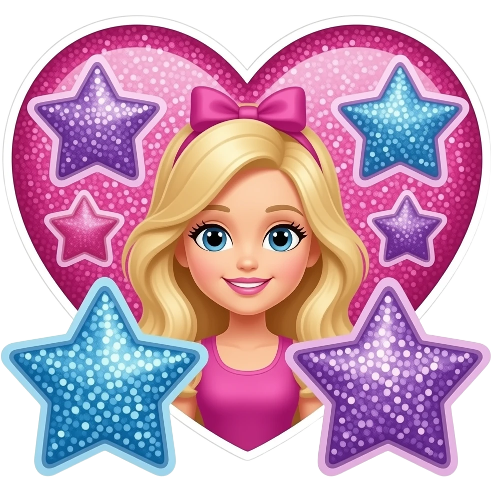 Stickers: hearts, stars, glitter accents characters inspired by barbie colour pallete emoji