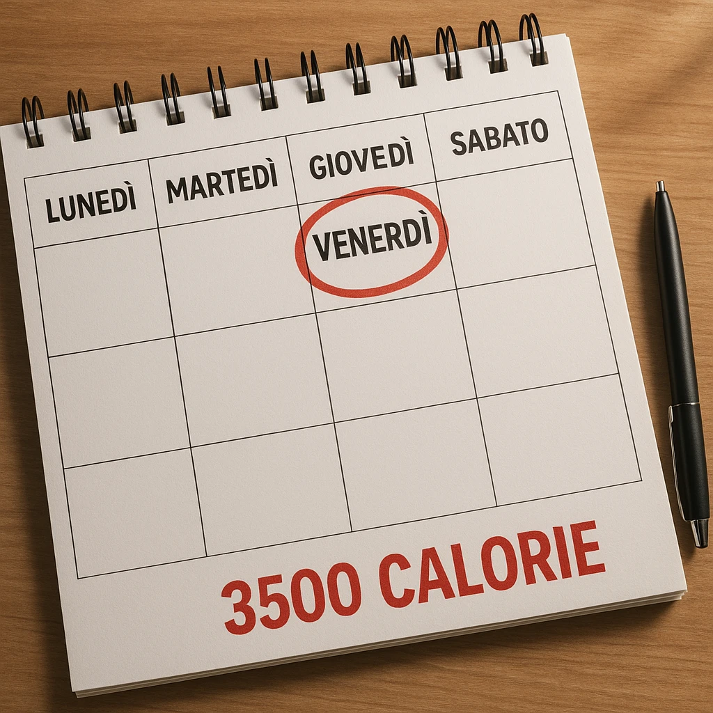 A hyperrealistic weekly calendar viewed from above in Italian, showing days from Monday to Sunday. Friday is circled in red. Below Sunday, the text '3500 calorie' is in red and bold. The image has 4K details and a desk atmosphere. emoji