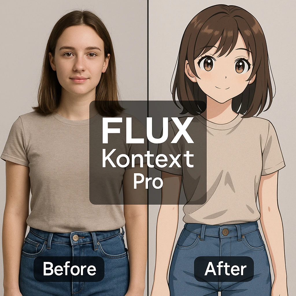 create before after image of a girl before is realsitic photo, after is anime version of her in same pose and clothes, add logo with text of a "FLUX Kontext Pro" emoji