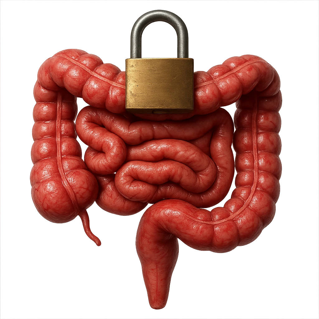 intestino umano con lucchetto sopra di bloocco, iperrealistica 4k emoji