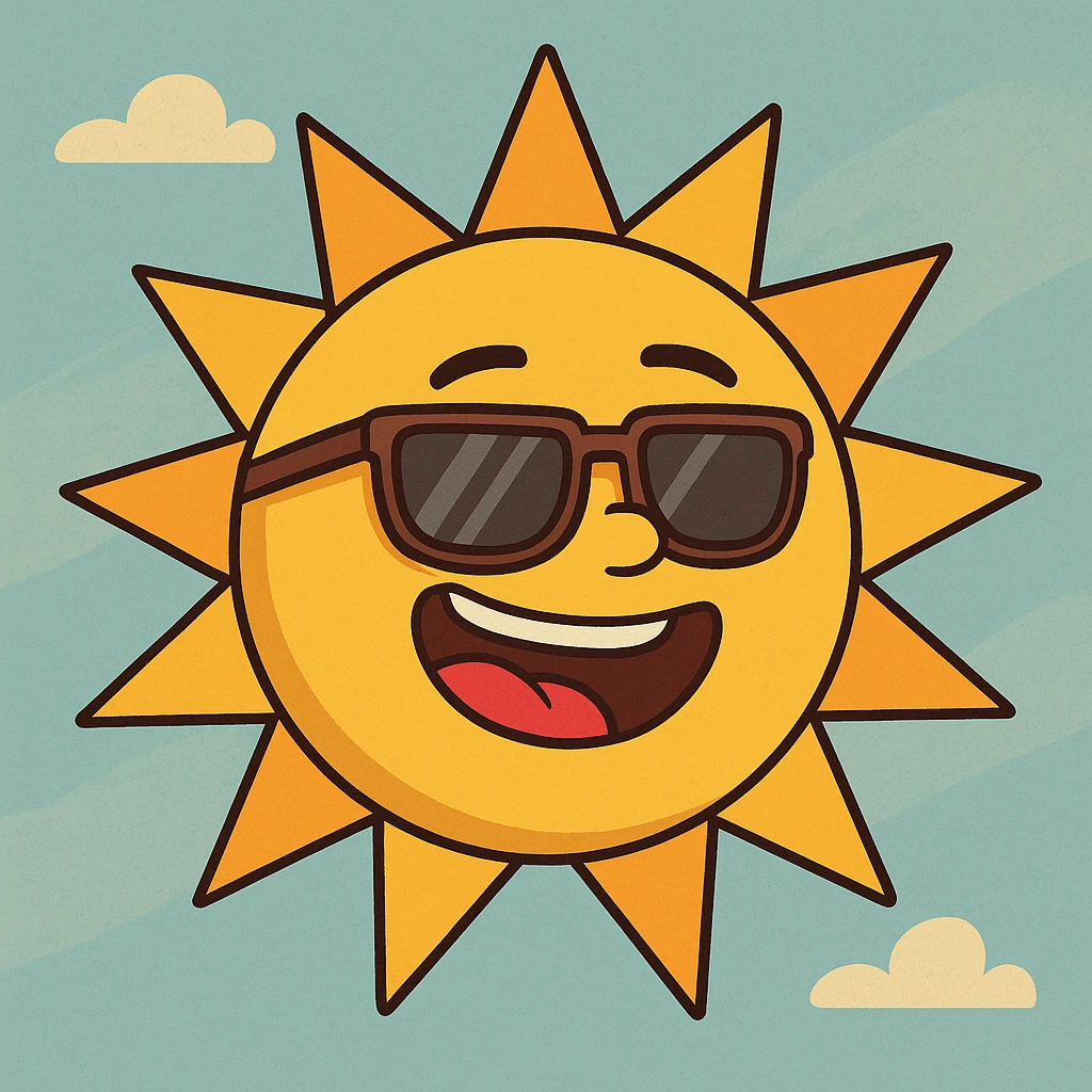 a cheerful sun with sunglasses, flat toon style, vibrant colors, playful and bright emoji
