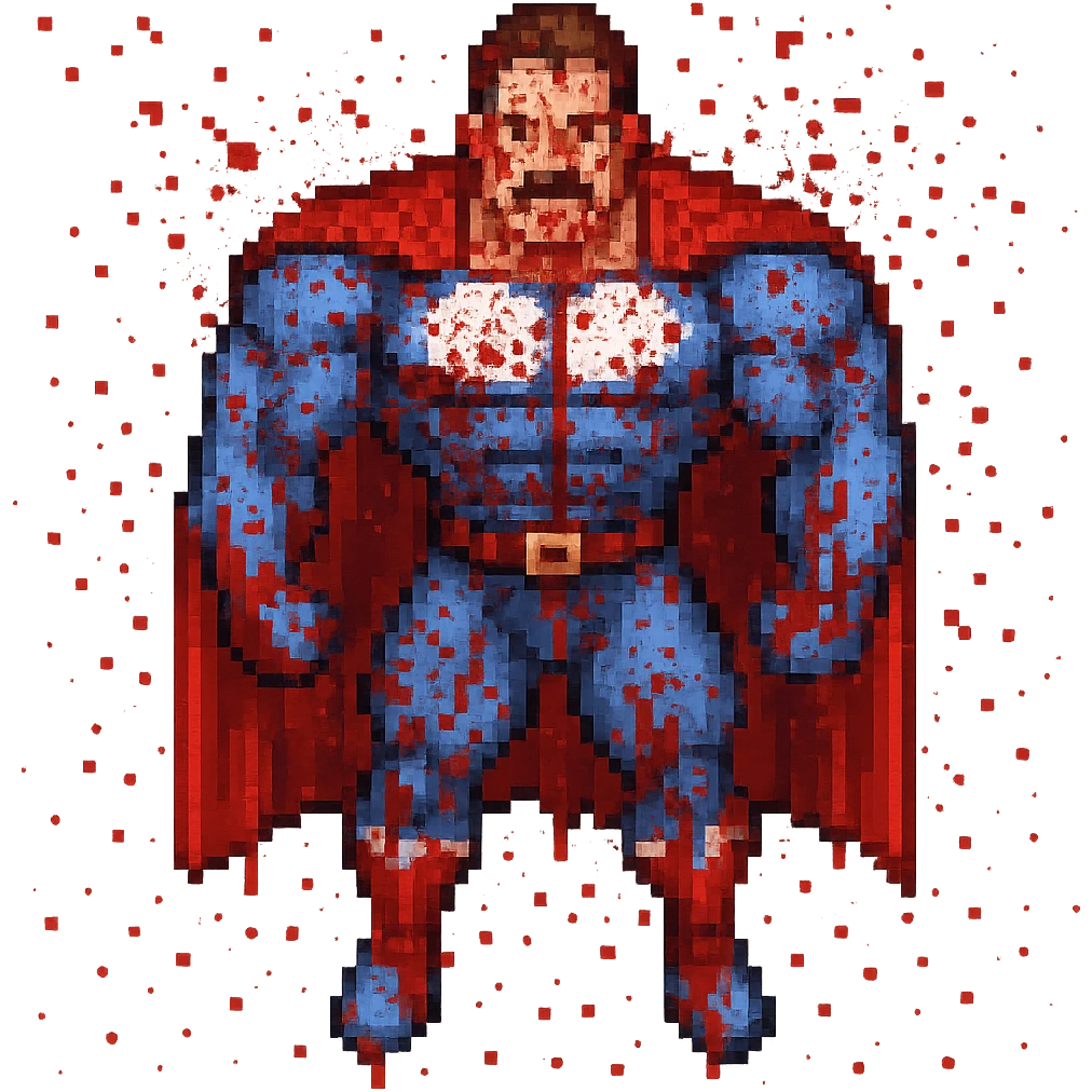 Add blood splatter effect to Omni-Man in pixel art style, no background. Maintain pixel art aesthetic with pixelated blood splatters around the character. emoji