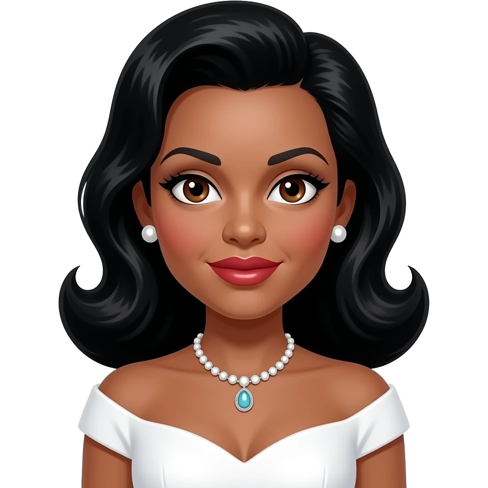 Eartha Kitt with brown eyes, long black 50s pin-up hair, white hollywood dress, necklace and earrings emoji