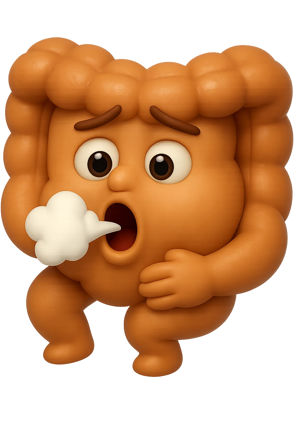 emoji stile iphone di un intestino che ingoia una nuvoletta di aria ben visibile e gli si gonfia la pancia, iperrealistico 4k emoji