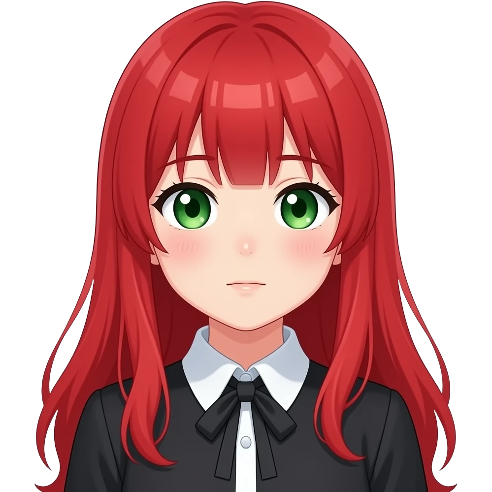 anime girl blushing long red hair green eyes black blouse with white collar emoji