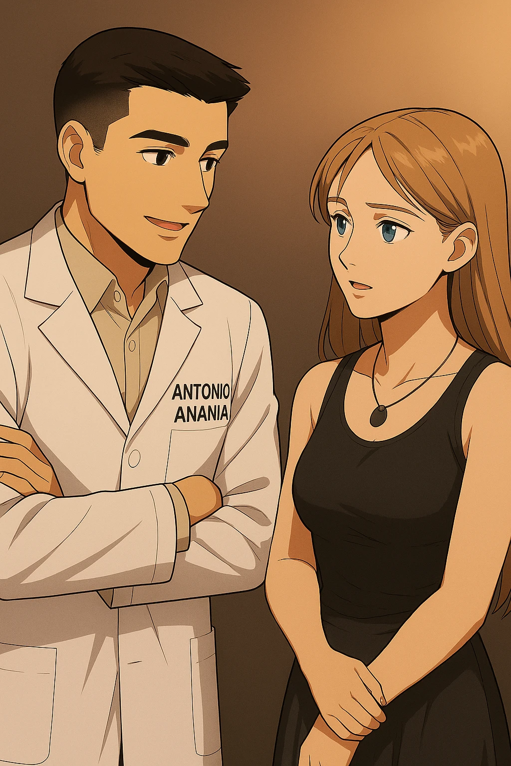 fai un webtoon/manga a colori con questo kinesiologo in camice bianco (fagli la scritta "ANTONIO ANANIA" SUL CAMICE) CHE PARLA CON QUESTA RAGAZZA CON GLI OCCHI AZZURRI. la ragazza gli fa una domanda e IL KINESIOLOGO CON IL CAMICE BIANCO LE risponde. NON FARE I FUMETTI, FAI SOLO LORO COME SE DIALOGASSERO emoji