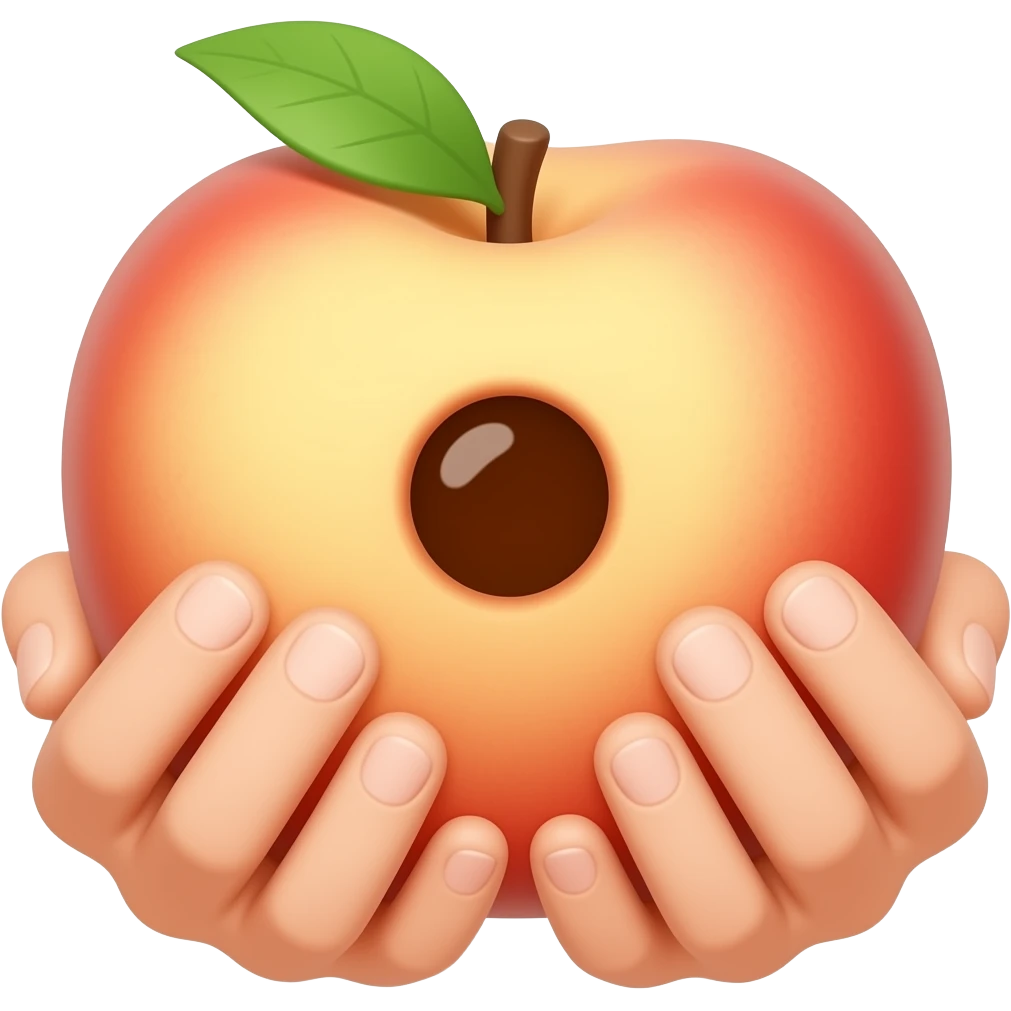 Mache ein ganzen Pfirsich mit einem kleinen runden und tiefen Loch In der mitt der Pfirsich-Spalte und der Pfirsich wird an den Seiten von zwei Händen gehalten emoji