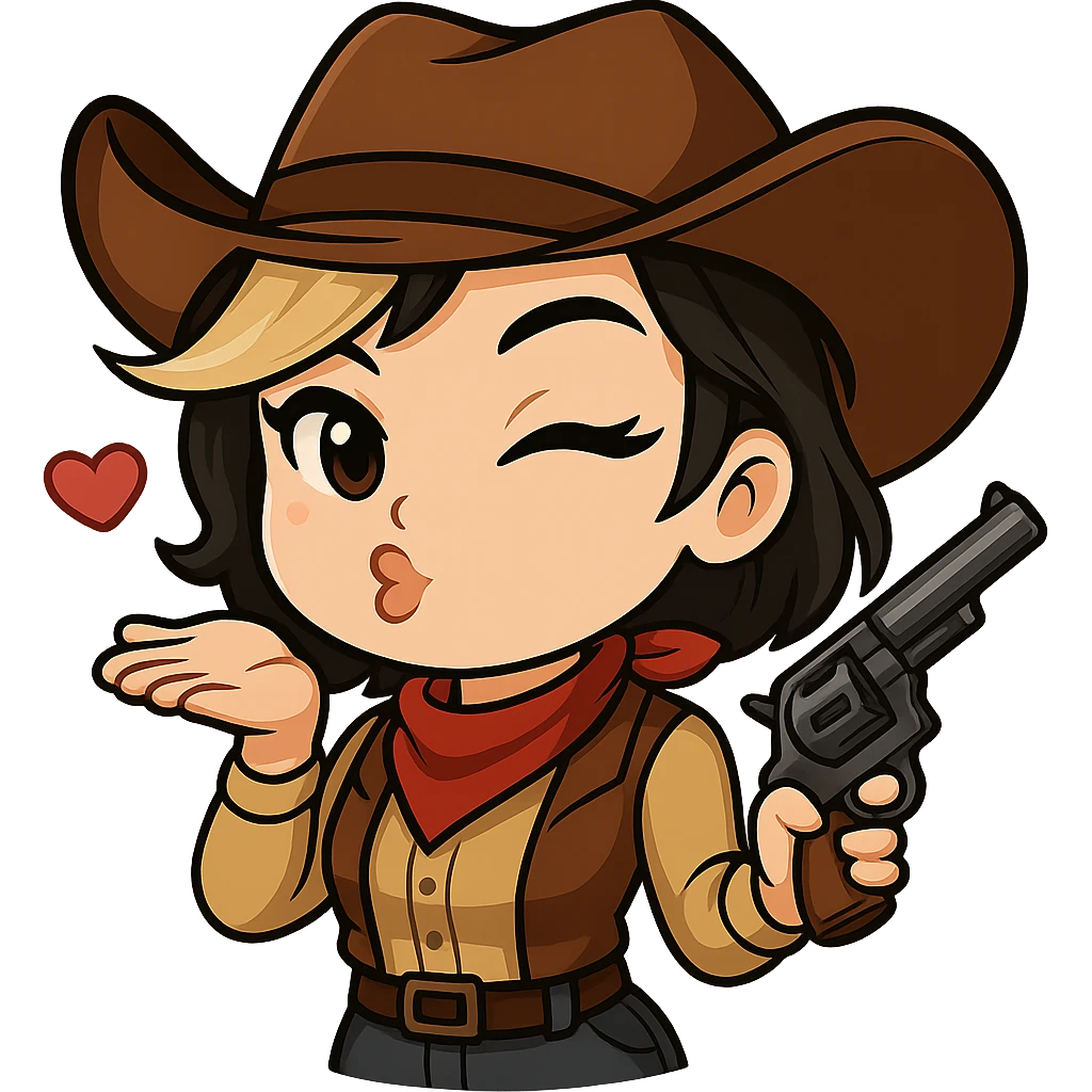 Remove the left gun (on her right, our left) from this chibi cowgirl image. Make her left hand look natural, as if she is just blowing a kiss. Keep the new anime-style eyes, pose, winking and blowing a kiss expression, outfit, right gun, and all other details unchanged. Transparent background, sized for Twitch or Discord use. emoji