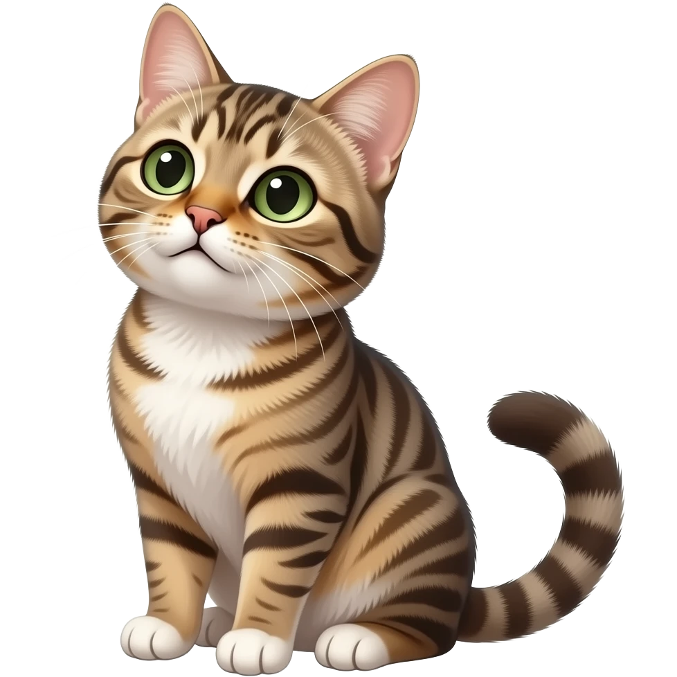 small brown&grey tabby cat with green eyes, white chest, and white paws, sitting upright and looking up emoji