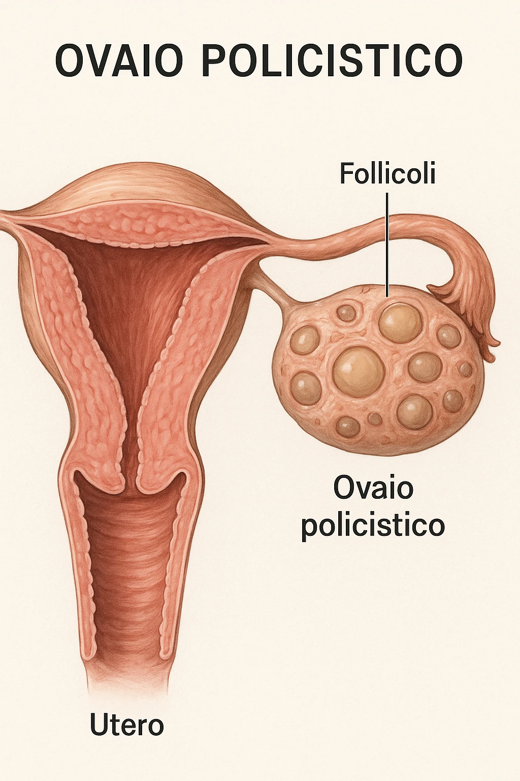 realistic 3D medical illustration of polycystic ovaries with multiple follicles, uterus in section, clinical details, natural colors, Italian captions, aspect ratio 2:3 emoji