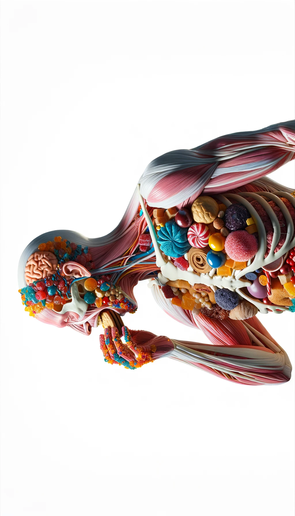 corpo umano anatomico in piedi a figura intera che si abbuffa di dolci e zuccheri, iperrealistico 4k, isolato su sfondo bianco emoji