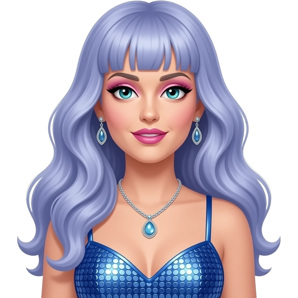 Katy Perry with teal eyes, long periwinkle hair, pink eyeshadow and lipstick, blue metallic pop outfit, necklace and earrings emoji