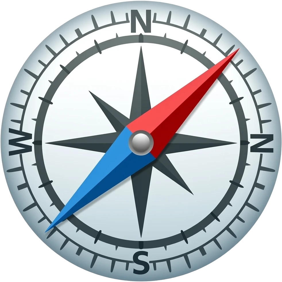 Flat emoji of a simple circular compass with a red and blue needle, bold outline, minimal markings, transparent background, square, no text. emoji