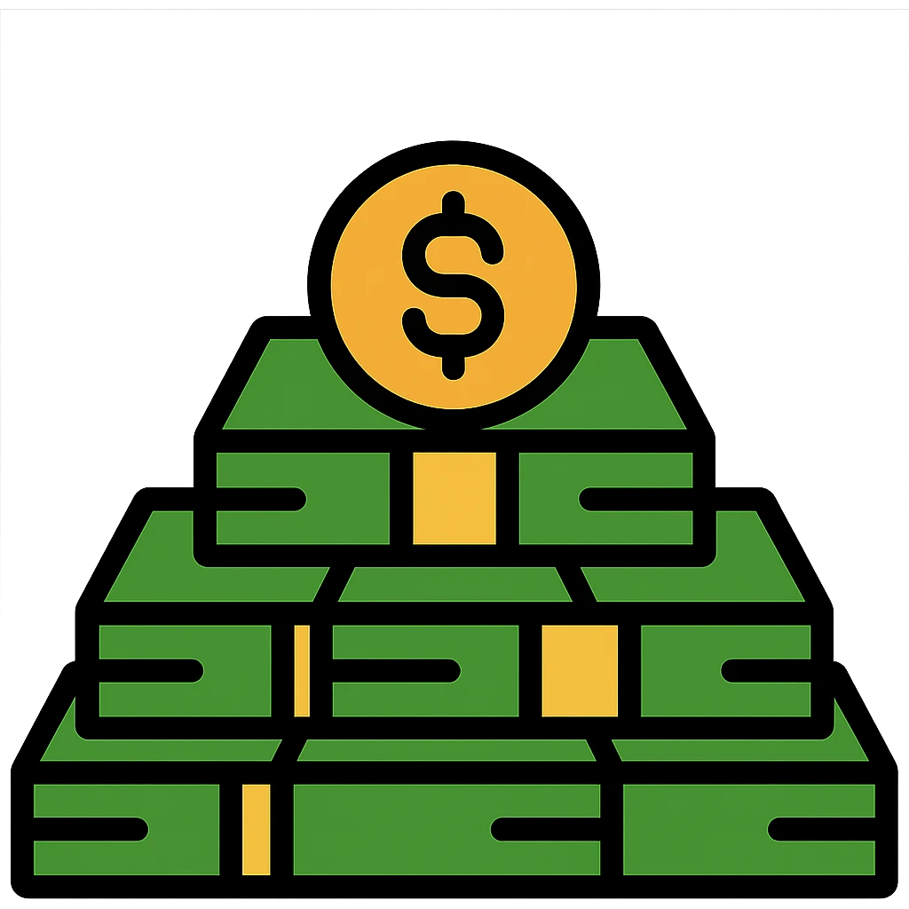Create a stylized icon of a giant pile of money with clean lines and a modern look, matching the style of the reference image. The icon should have no background (transparent). emoji