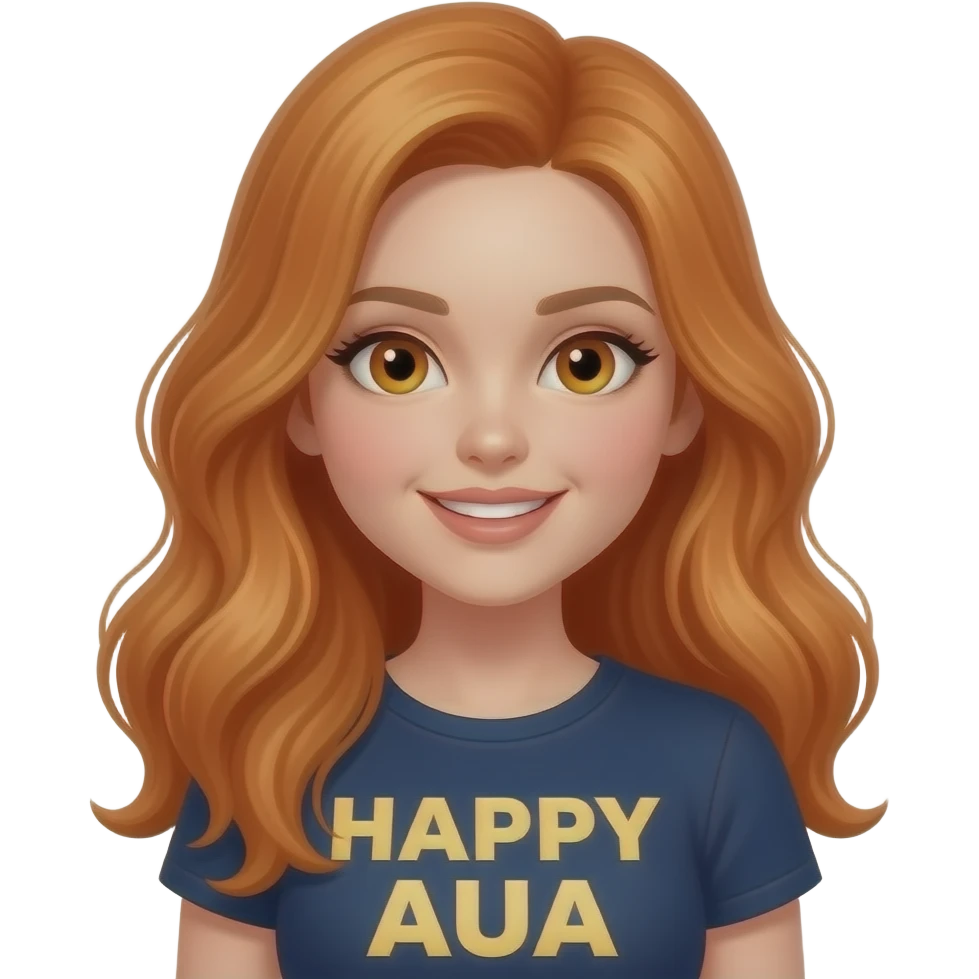 sexy girl with long ginger hair and ginger eyes a top with HAPPY AUA written on it emoji