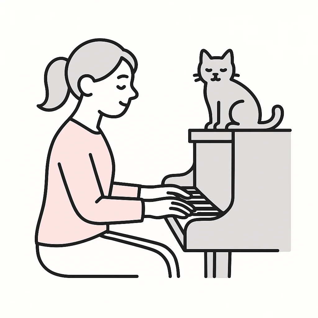 woman playing piano while her cat sits on top of the piano emoji
