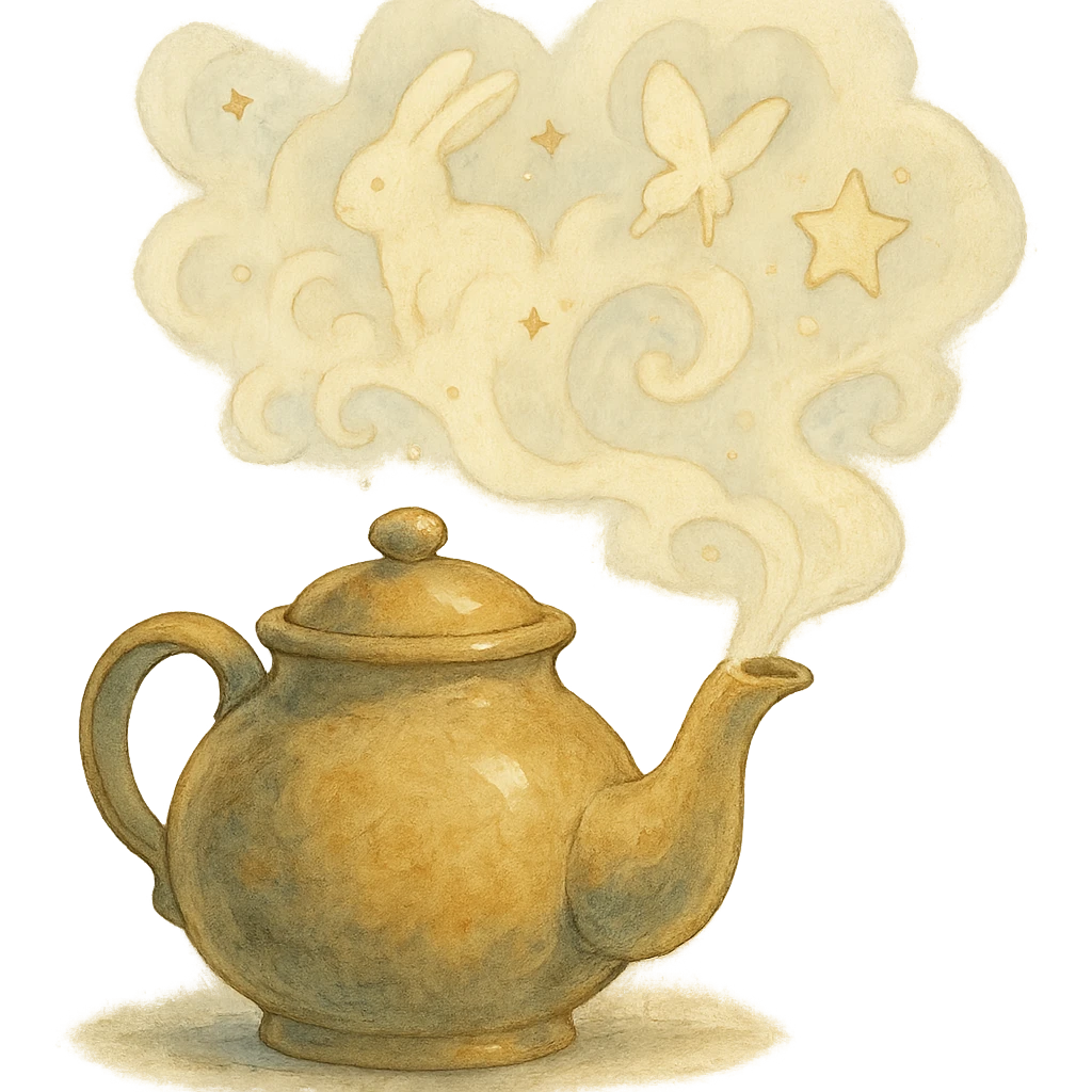 teapot with steam swirling into shapes, soft painterly textures, magical and charming emoji